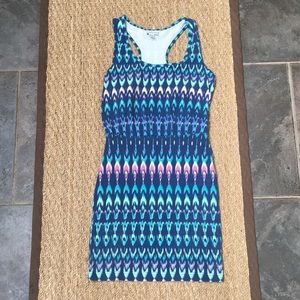 Blue mini dress with colored print.